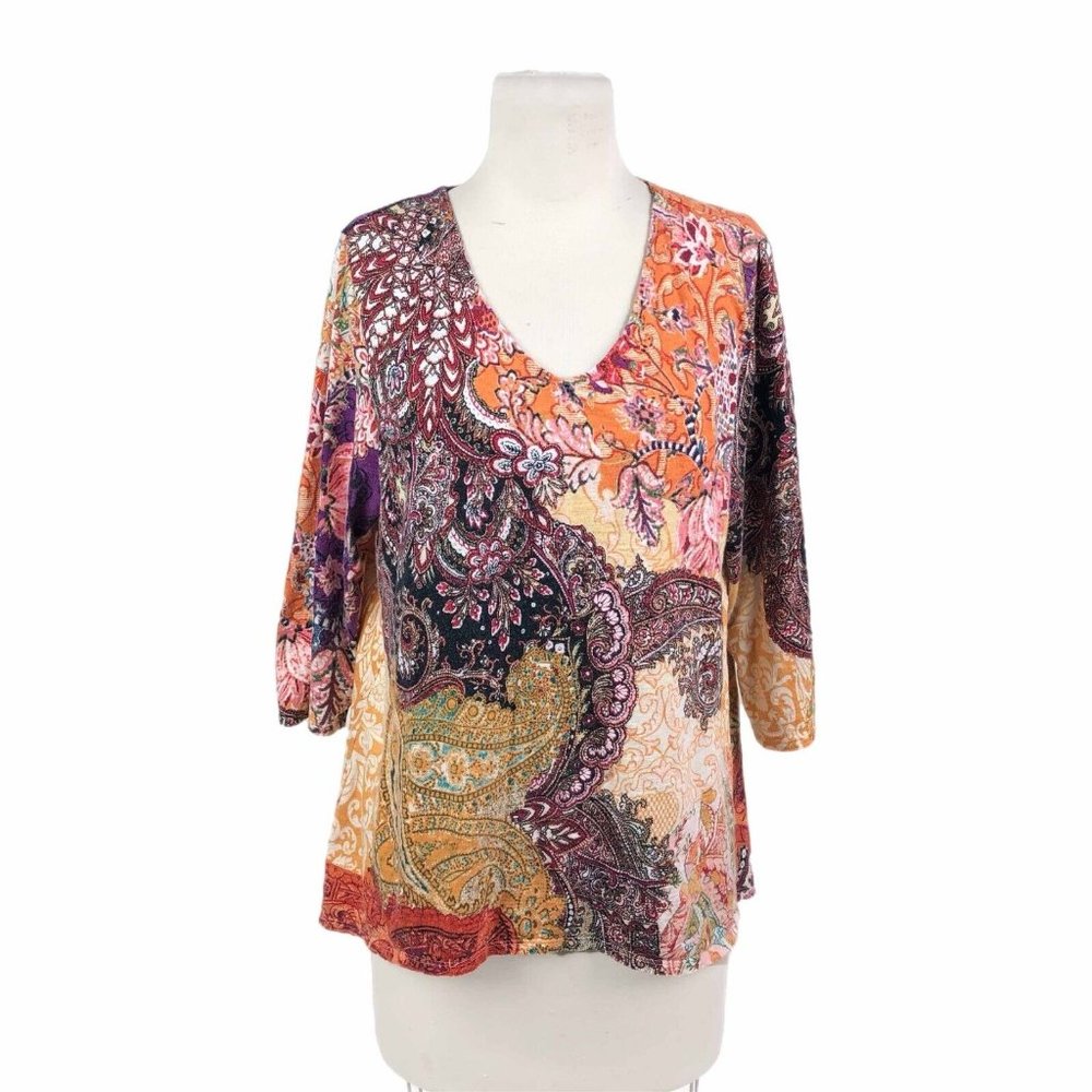 Chico's Colorful Desert Paisley 3/4 Sleeve V Neck Top Blouse Chico's 2 US Large